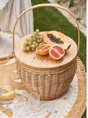 The Beach People Woven Round Picnic Basket with Light Wood Lid - Natural